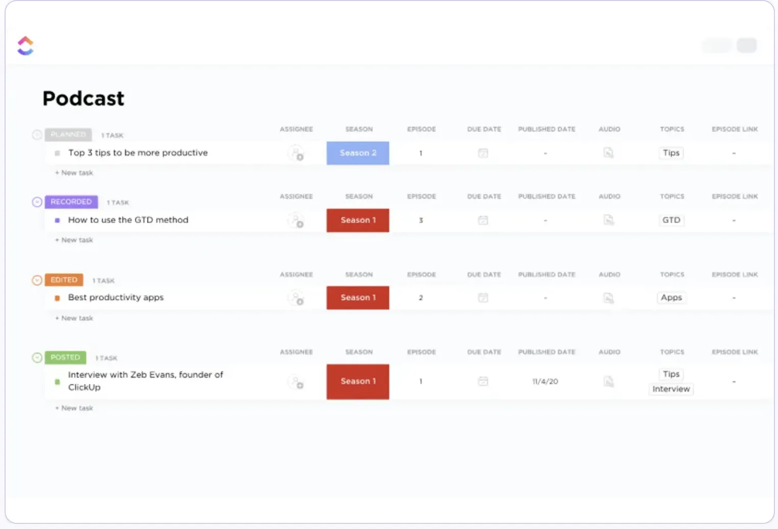 Modello per podcast ClickUp