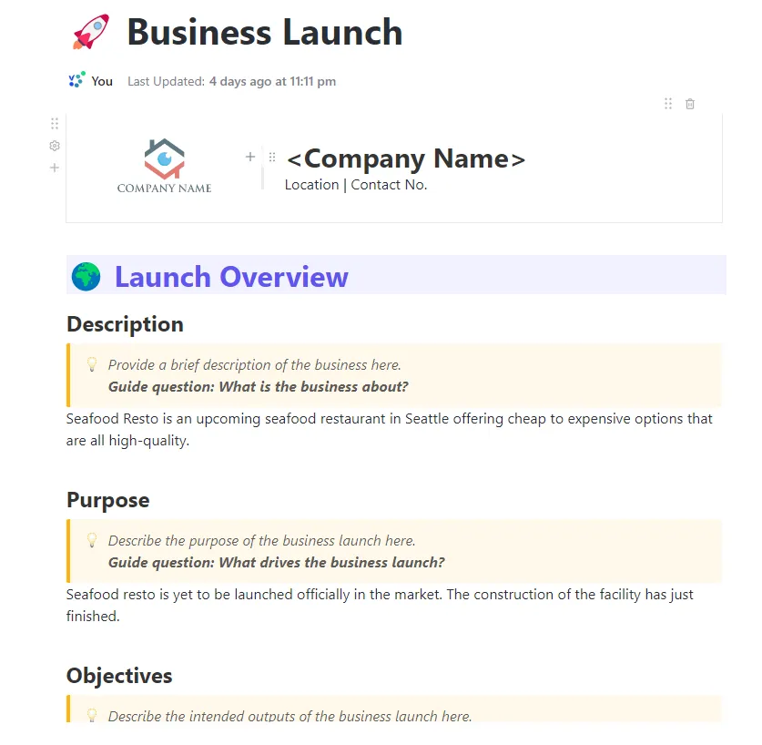 Template Peluncuran Bisnis ClickUp