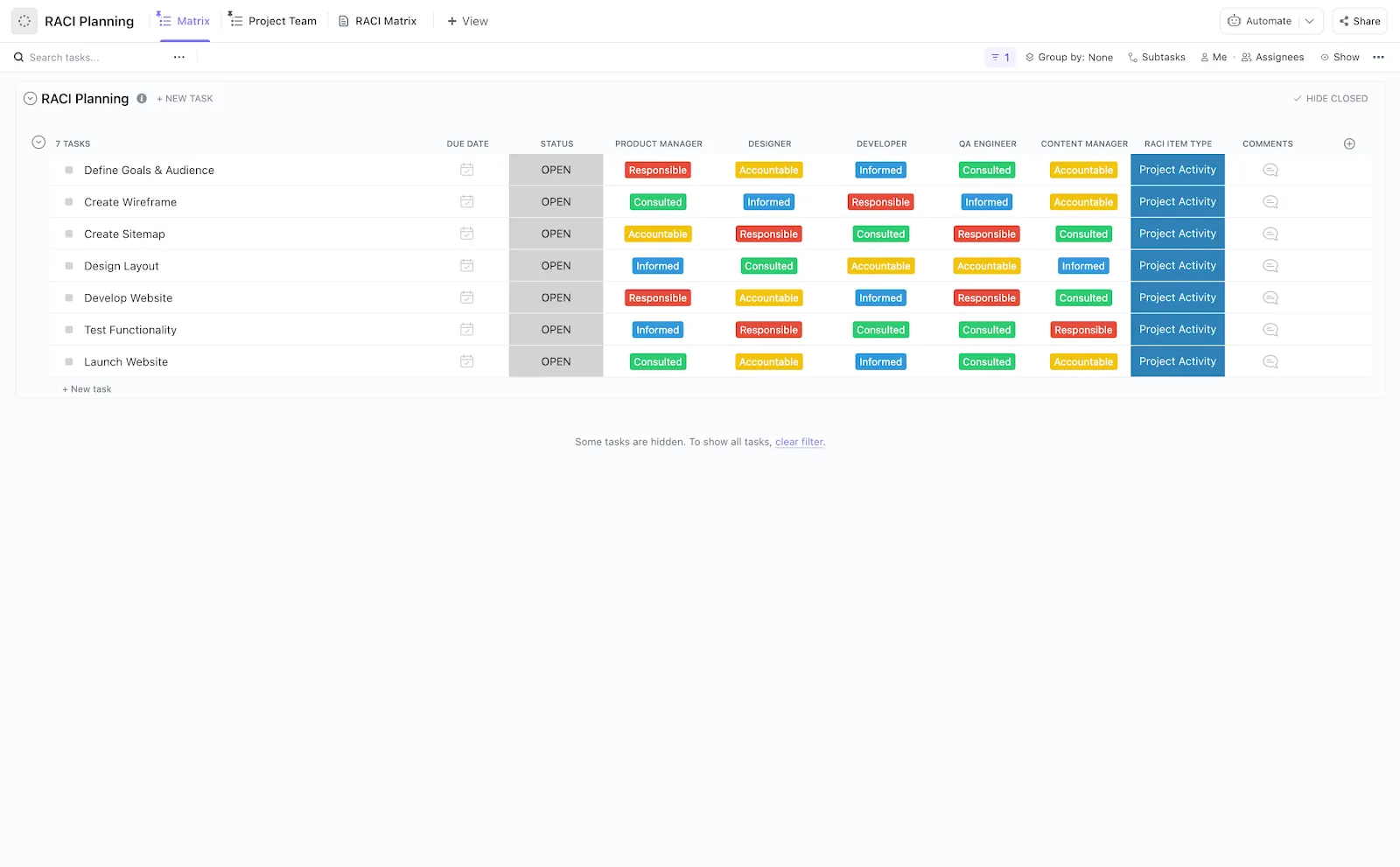Obtenha o modelo gratuito: Modelo de matriz RACI do ClickUp