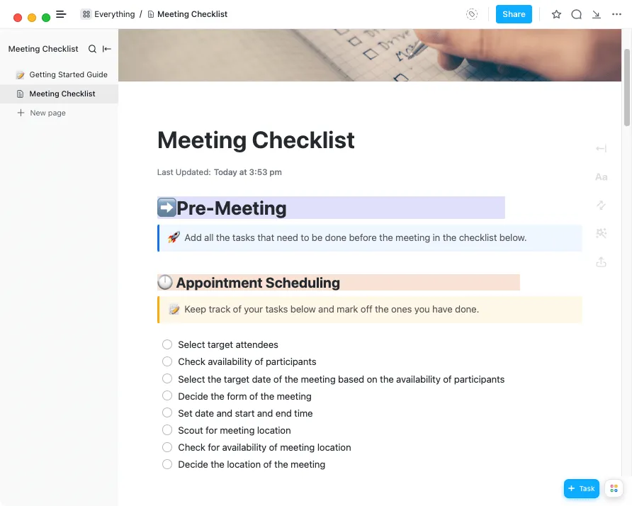 Modèle de checklist pour les réunions individuelles ClickUp
