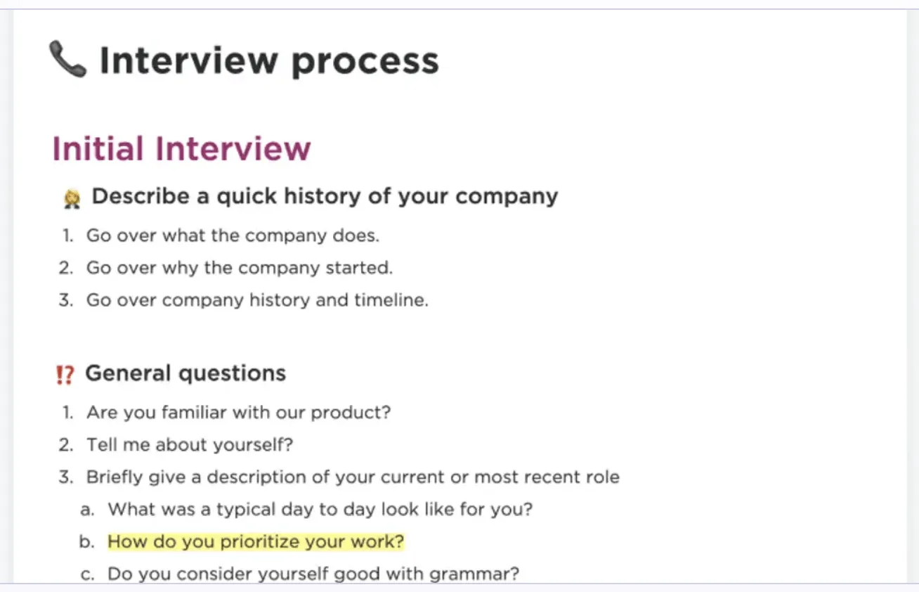 Crie, teste e otimize seu processo de entrevistas com o modelo de processo de entrevistas do ClickUp.