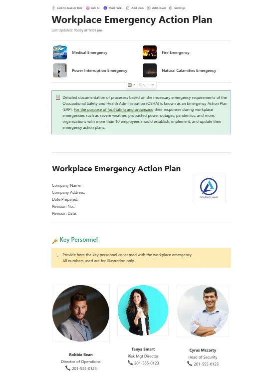 เทมเพลตแผนปฏิบัติการฉุกเฉินสำหรับสถานที่ทำงาน ClickUp