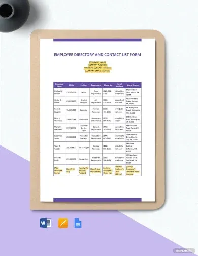 Modèle Word de répertoire des employés et de liste de contacts par Template.net