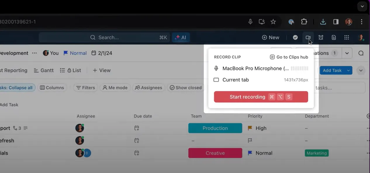 Strumento di azione globale ClickUp per la registrazione video