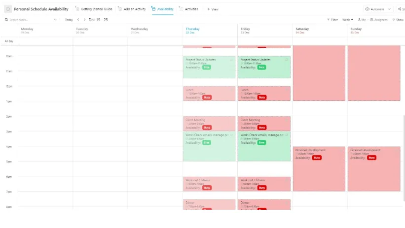 Plantilla de disponibilidad de horario personal de ClickUp