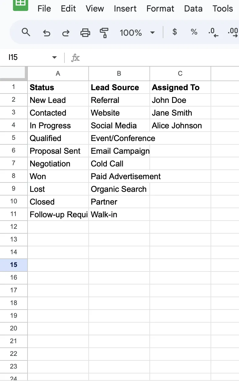 Ajouter des options pour les champs dans Google Sheets
Feuille de calcul CRM