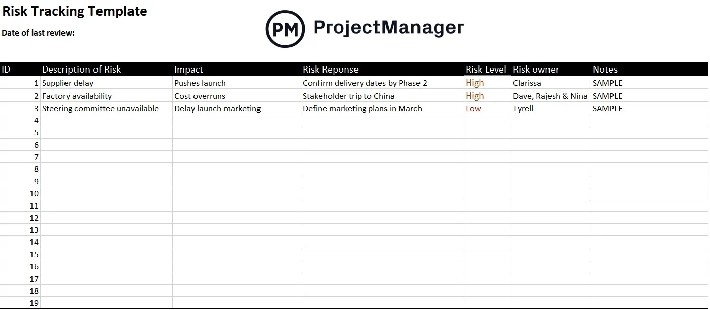 Modelo de Registro de Riscos do ProjectManager: modelo de avaliação de riscos para Excel