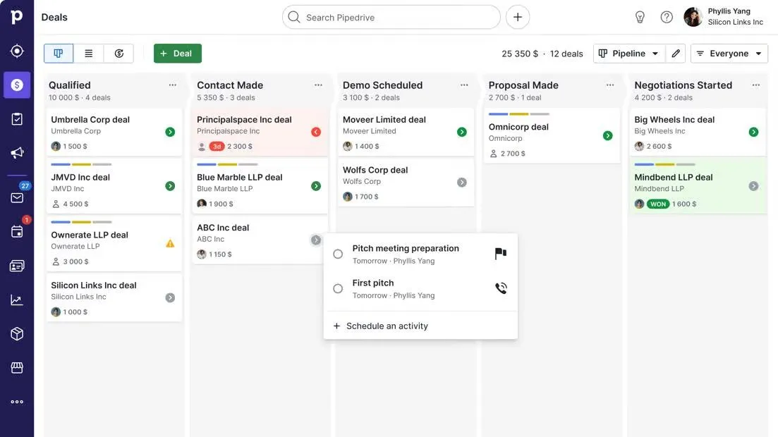Ein Screenshot der Vertriebs-Pipeline-Plattform von Pipedrive
