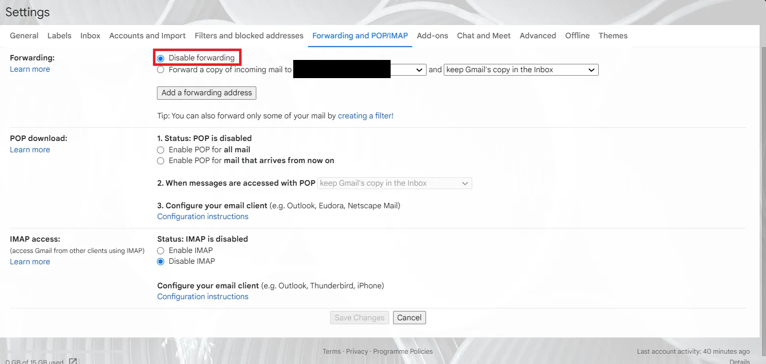 Disattiva l'inoltro in Gmail