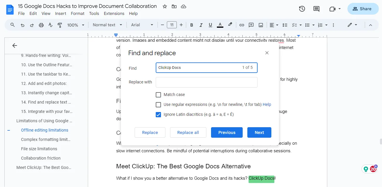 tìm và thay thế trong tài liệu Google