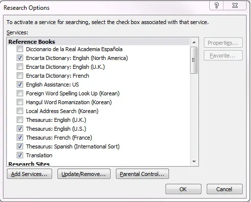 Désactivez les services dans le menu Options de recherche.