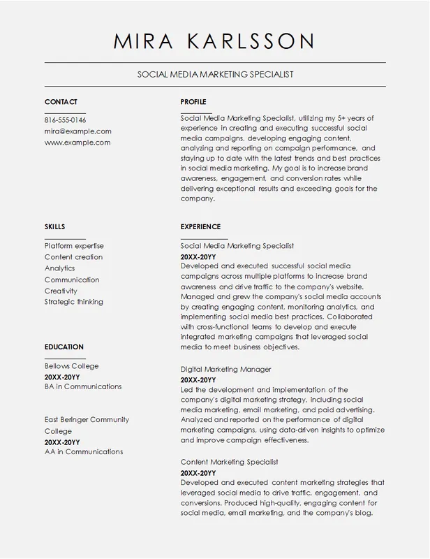 Plantilla de currículum para especialista en marketing en redes sociales
