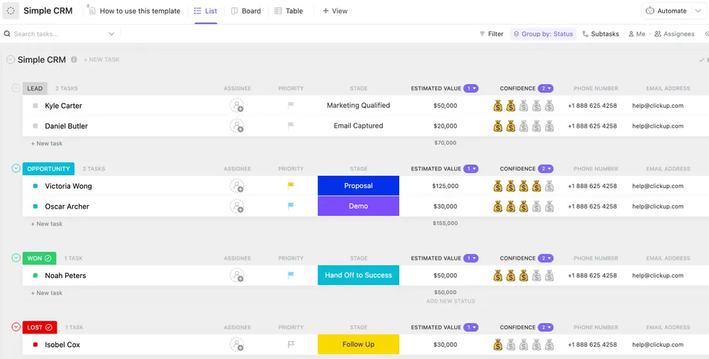 Modèle CRM simple par ClickUp