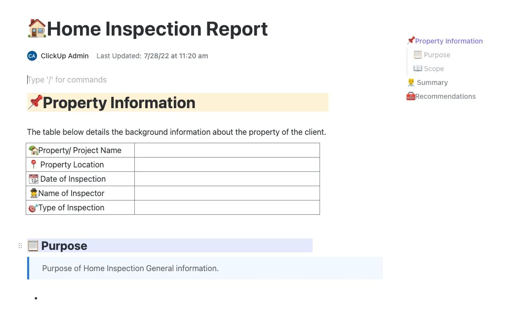 Bénéficiez d'un cadre reproductible pour générer des rapports grâce au modèle de rapport d'inspection immobilière ClickUp.