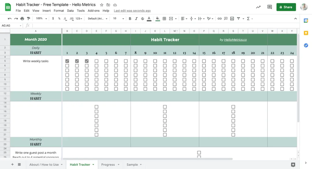 Google Tabellen-Vorlage für Gewohnheitstracker: Vorlage für Gewohnheitstracker Google Tabellen