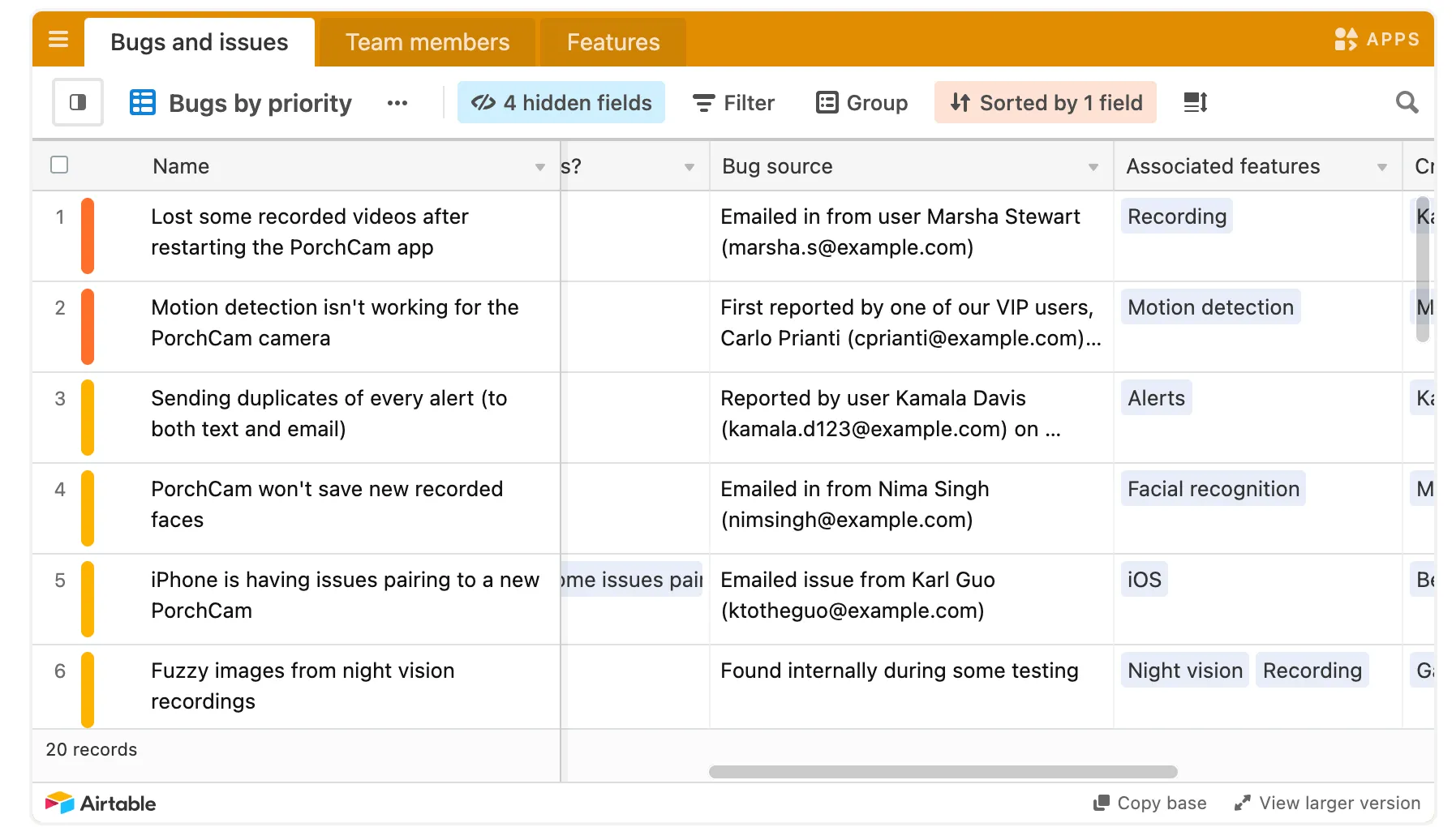 Modèle Bug Tracker d'Airtable