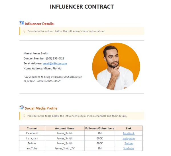 Modèle de document de contrat d'influenceur par ClickUp