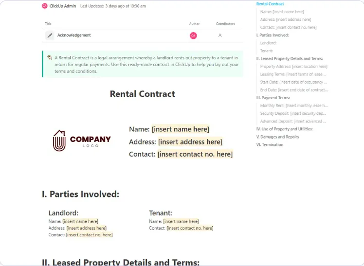 Modèles ClickUp pour la gestion immobilière de contrats de location