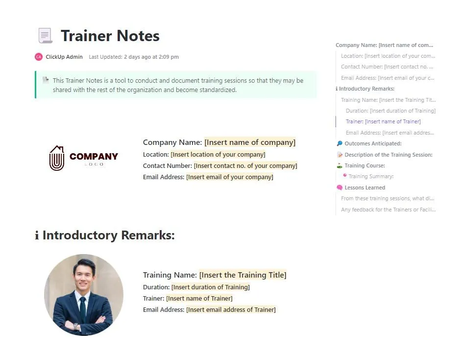 Napi jegyzet sablonok: ClickUp Trainer jegyzet sablon