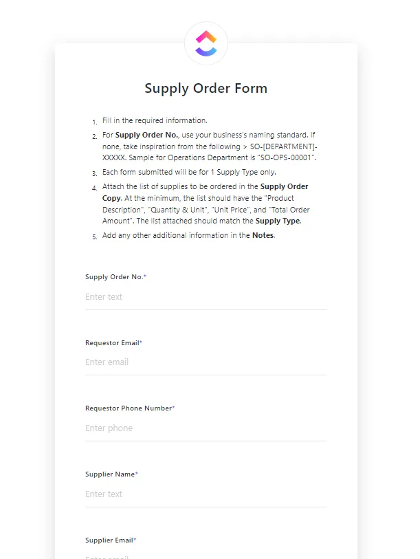 Plantilla de formulario de pedido de suministros de ClickUp