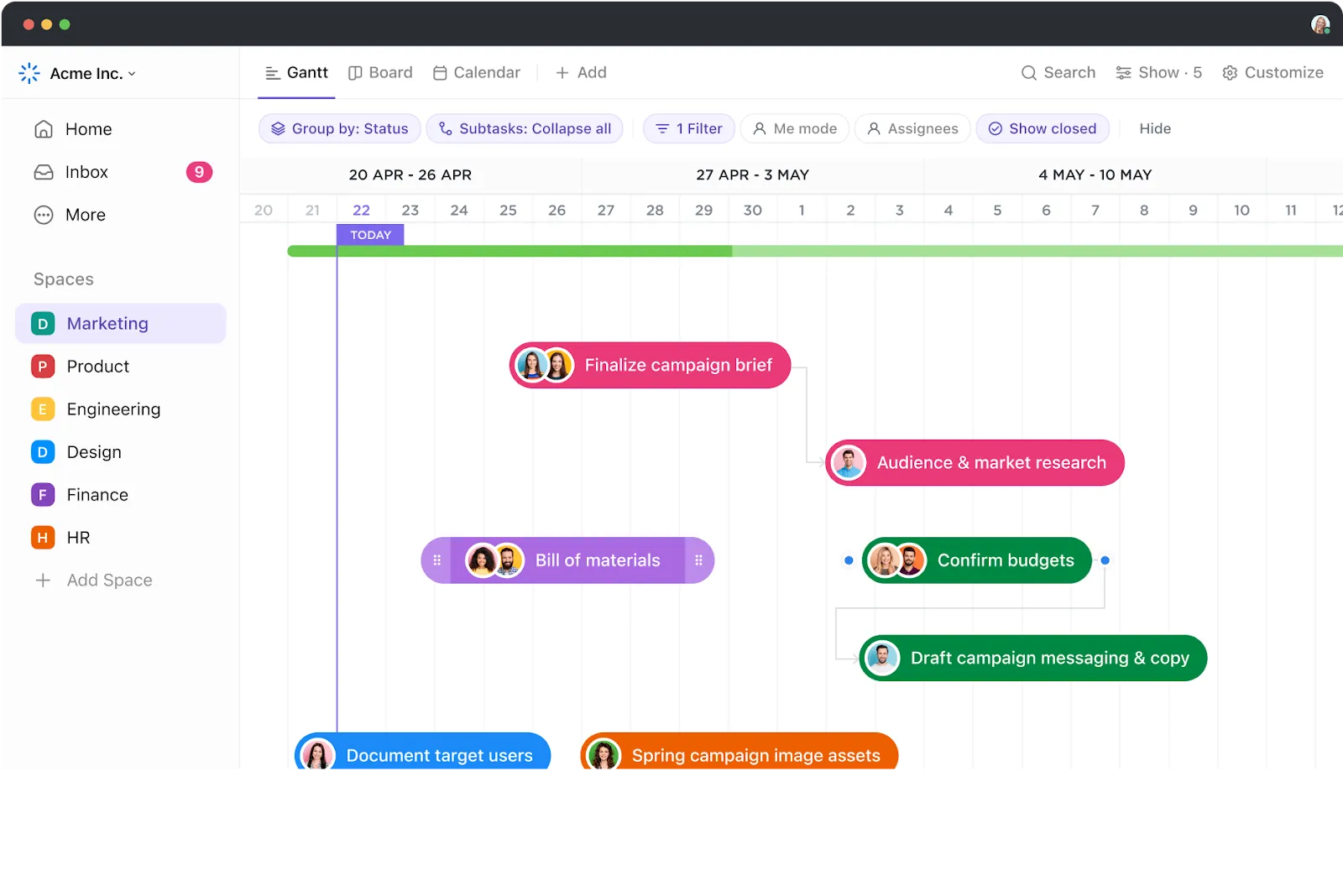 Plánujte a upravujte projekty vizuálně pomocí Ganttových diagramů ClickUp: alternativy Fibery