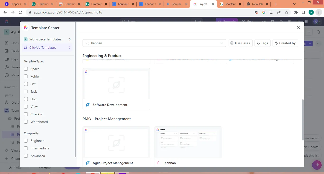 Modello Kanban ClickUp dal centro modelli