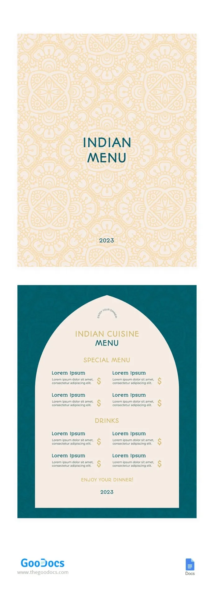 Modèle de menu pour restaurant indien par GooDocs