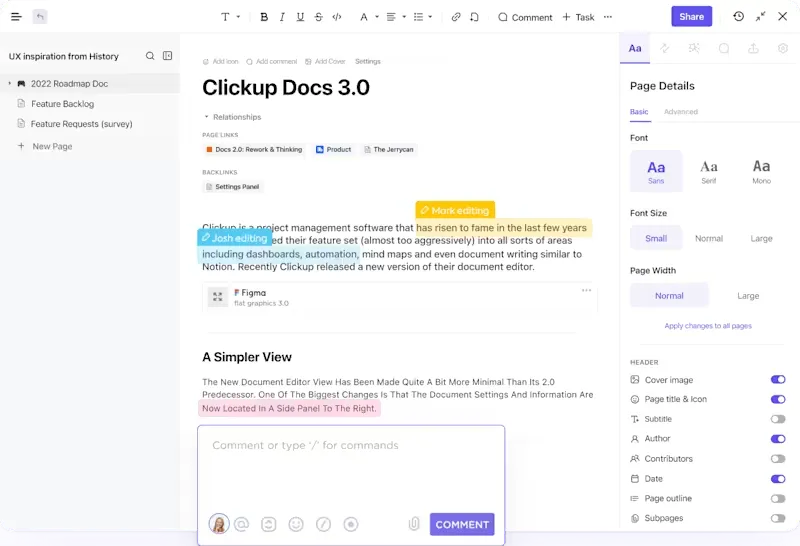 Arbeiten Sie in Echtzeit gemeinsam an technischen Dokumentationen mit ClickUp Docs.