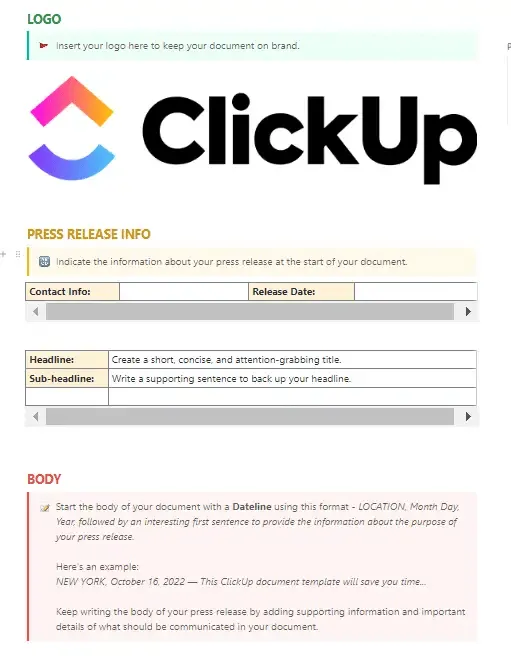 Raccogli spunti e raggiungi i tuoi obiettivi di scrittura con il modello di scrittura dei contenuti di ClickUp.