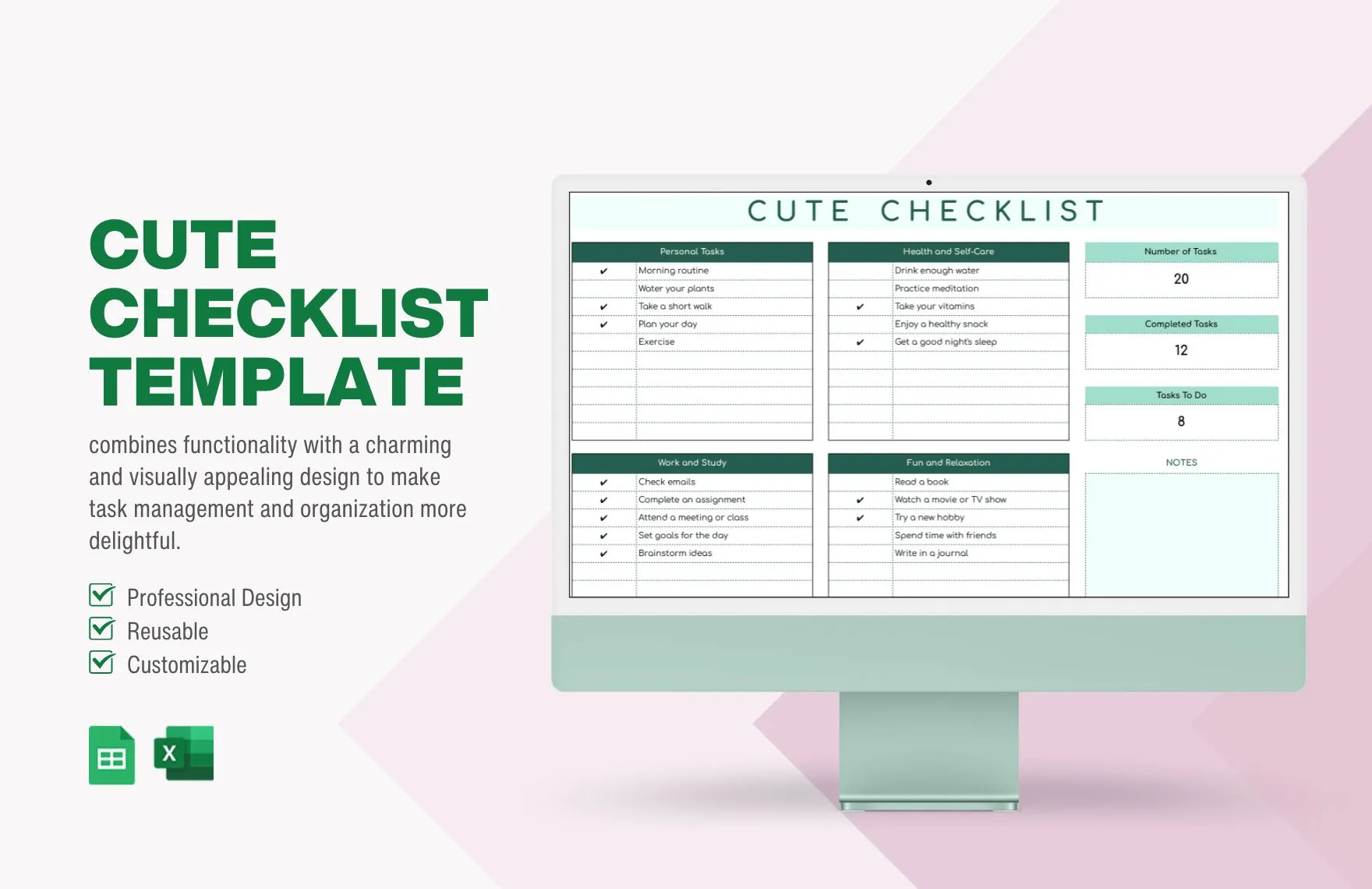 Modello di lista di controllo carino per Excel/Fogli Google di Template.Net