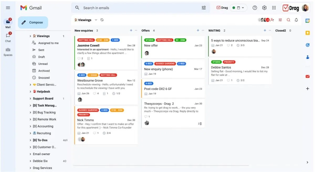 Alternativen zu Freshdesk: Screenshot der Board-Ansicht von Drag