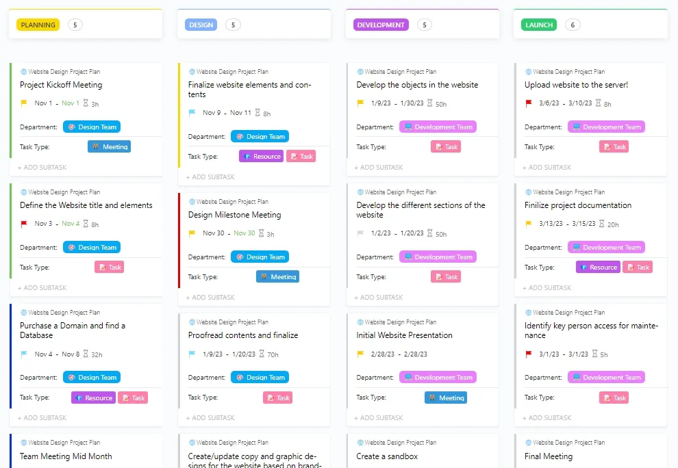 ClickUp 웹사이트 디자인 프로젝트 플랜