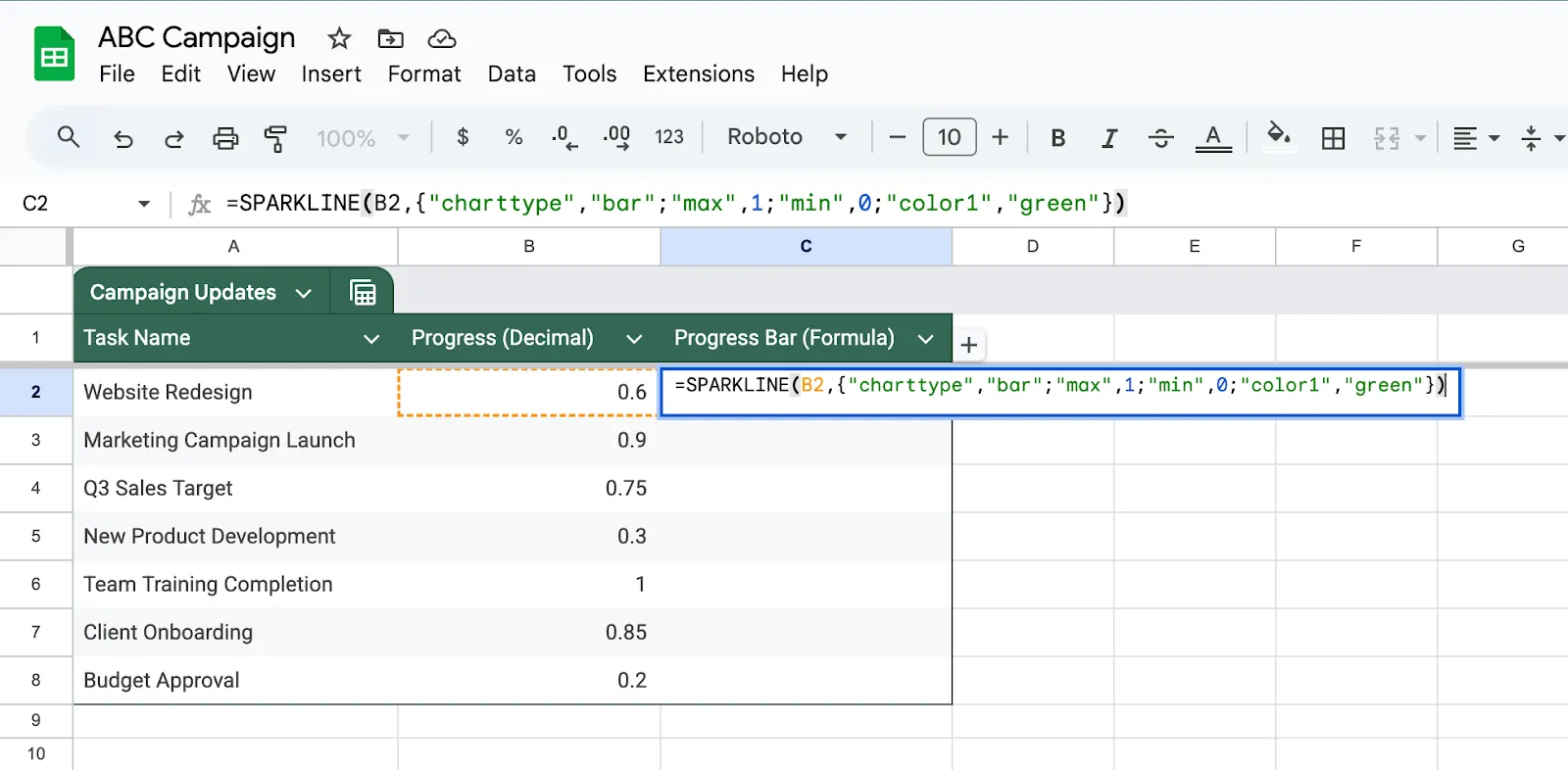 Configurer la formule de la barre de progression