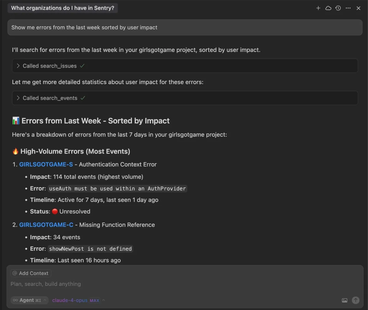 Cursor-agentchat met behulp van Sentry MCP-tools om problemen en gebeurtenissen te zoeken, waarna lijst met productiefouten van de afgelopen week wordt weergegeven met het aantal gebeurtenissen, foutmeldingen en de status ‘onopgelost’