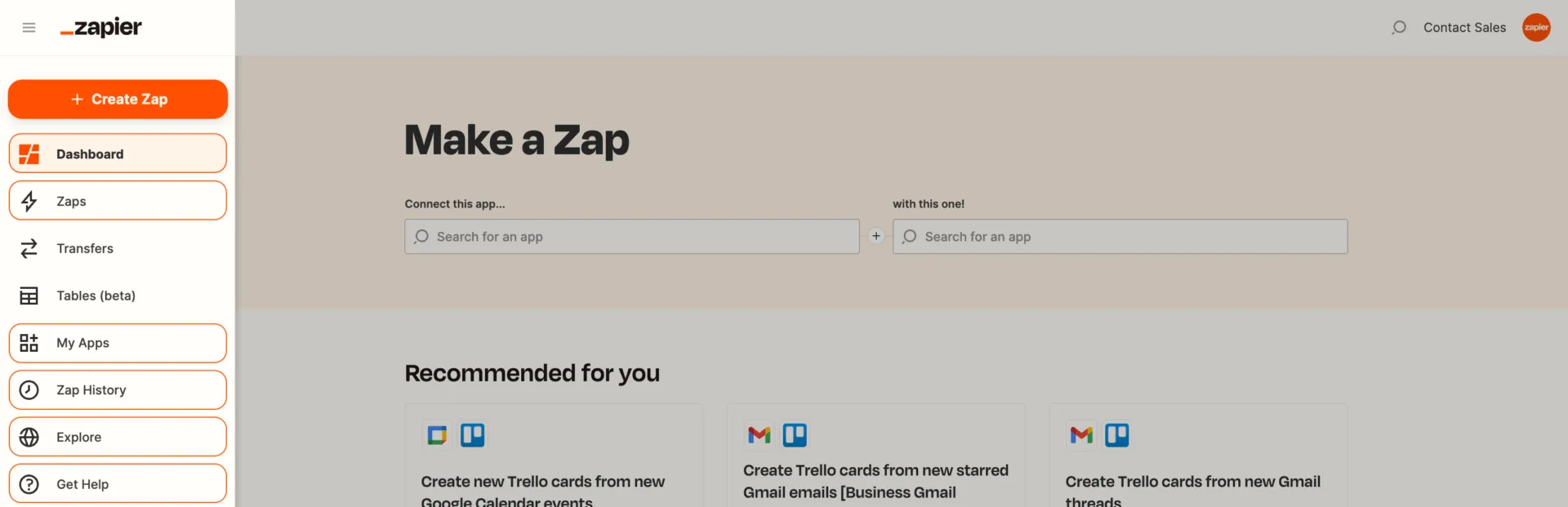 Zapier - Comment créer un Zap Présentation du produit Tableau de bord, avec la fonctionnalité « Make a Zap » pour créer des flux de travail automatisés.