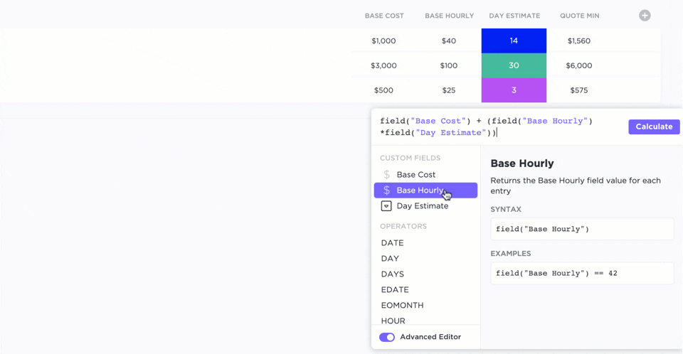 Nutzen Sie die Formelfelder von ClickUp, um komplexe Berechnungen zu vereinfachen.