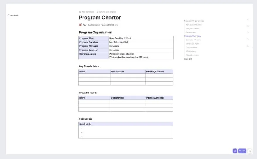 Modello di carta del programma ClickUp