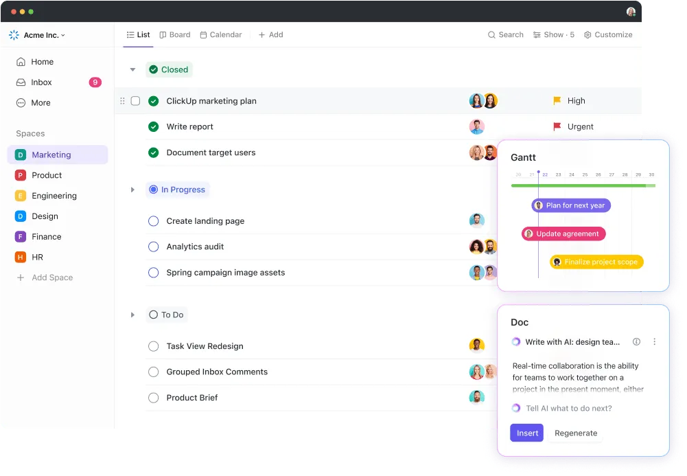 Campagnelijsten van ClickUp: software voor marketingprojectmanagement