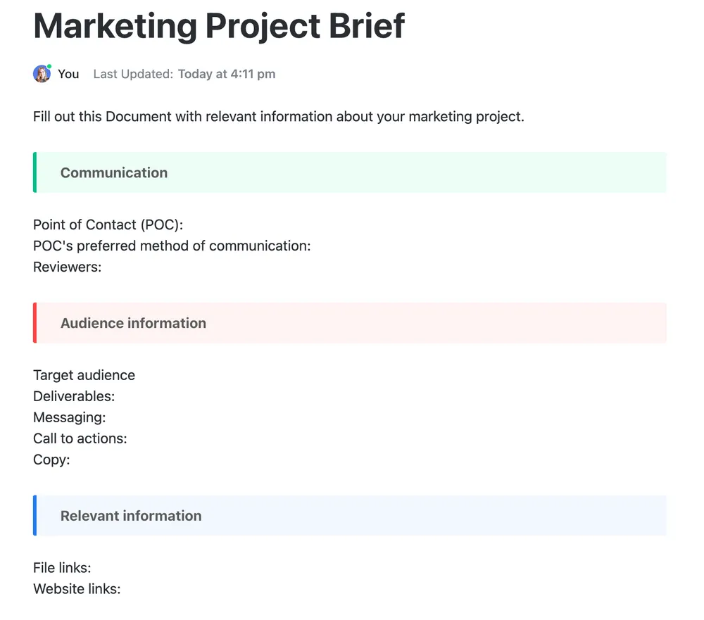 ClickUp-Vorlage für Projekt-Brief für Marketing-Projekte