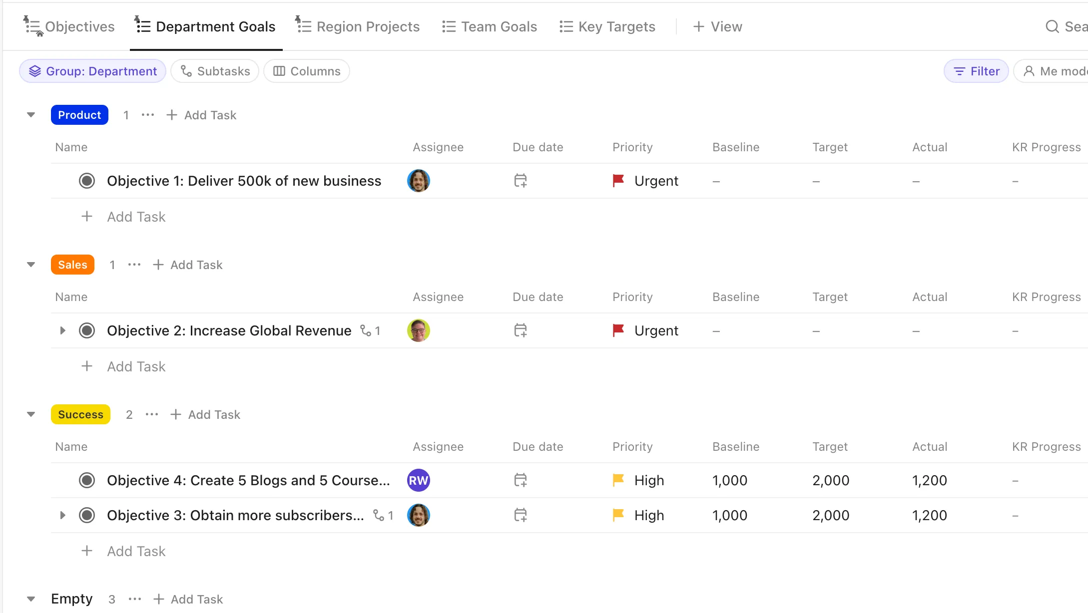Organize os OKRs da equipe em uma visualização de lista no ClickUp