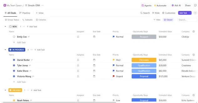 Modèle immobilier CRM simple ClickUp