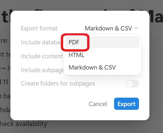 Option « Exporter au format PDF » de Notion