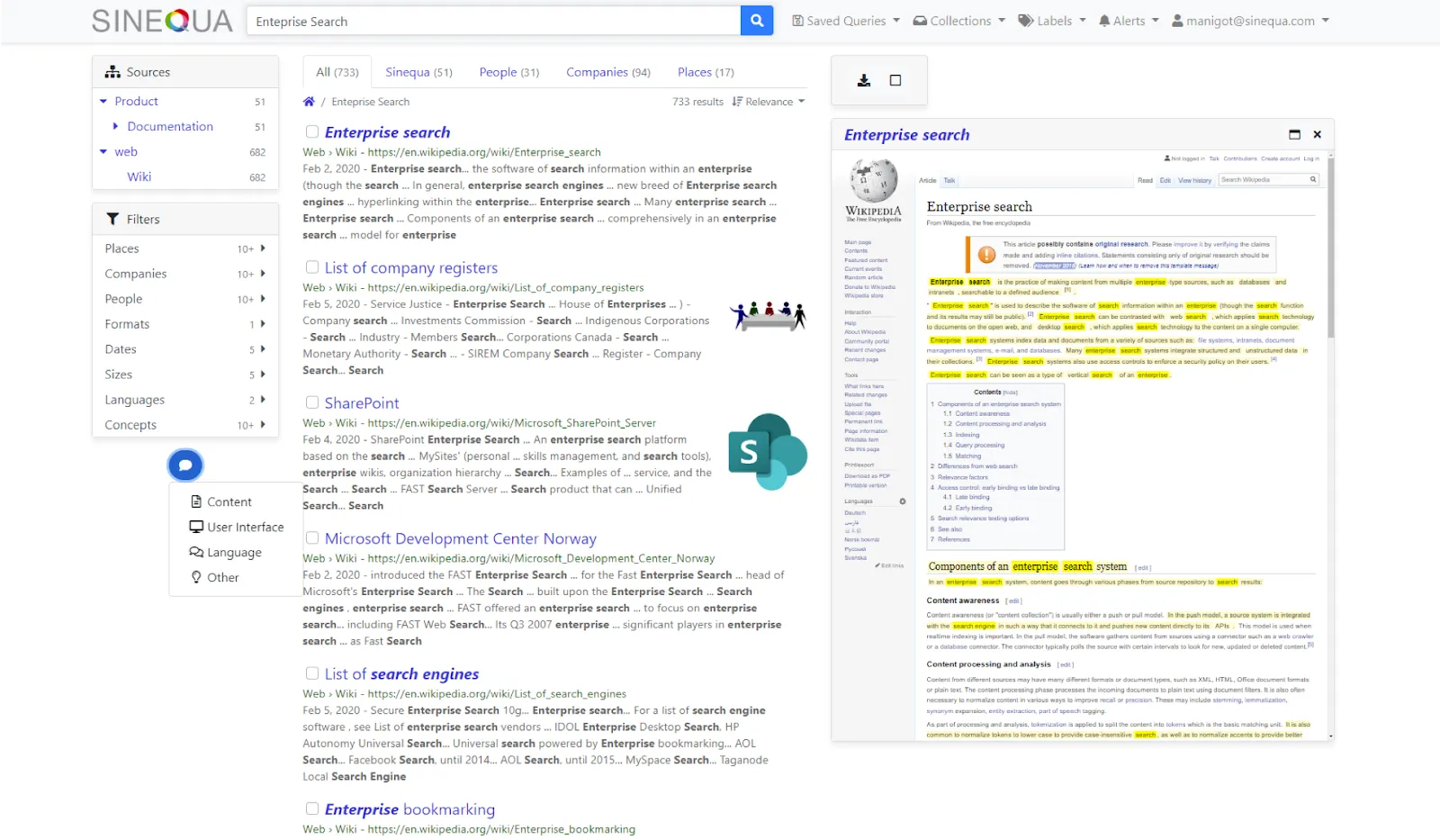Sinequa Dashboard: concorrenti di Coveo