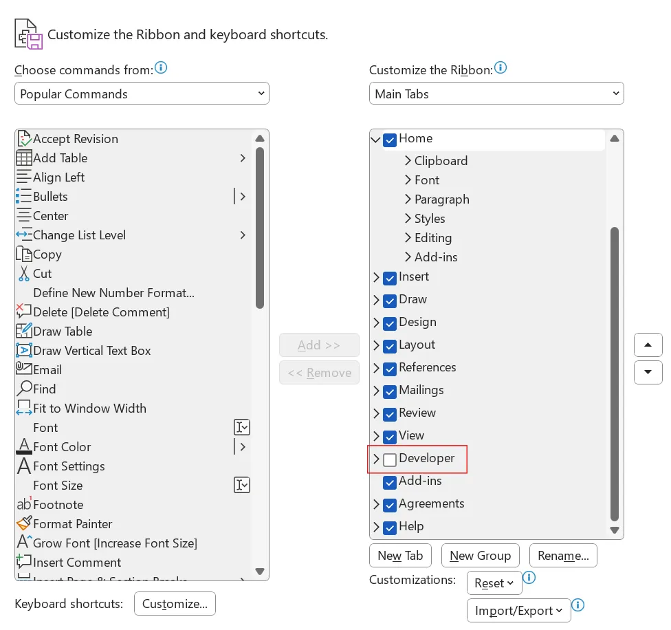 Aktivera "Utvecklare"-alternativ i Microsoft Word