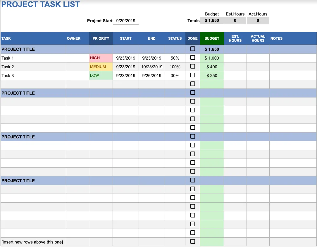 Mẫu danh sách công việc dự án Excel