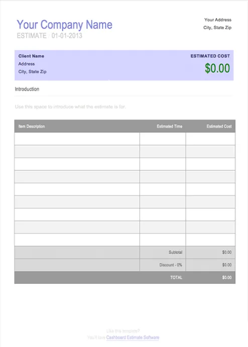 Modelo de orçamento de trabalho do Word da CashboardApp