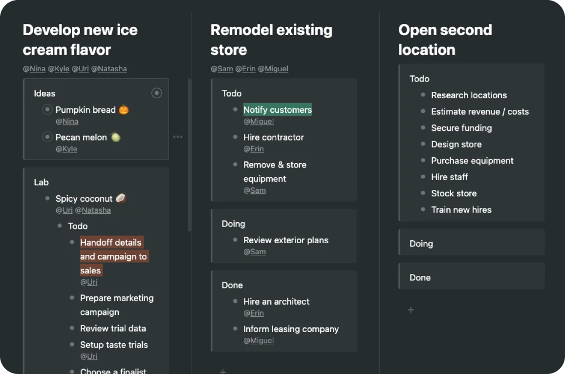 Exemple de notes dans une structure imbriquée dans Workflowy