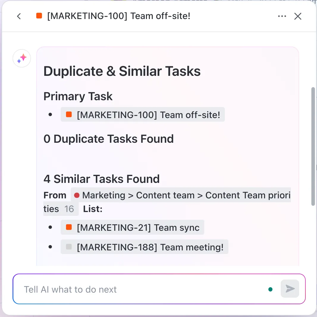 Vind dubbele of samenvoegbare marketingtaken met ClickUp Brain: AI in marketingvoorbeelden