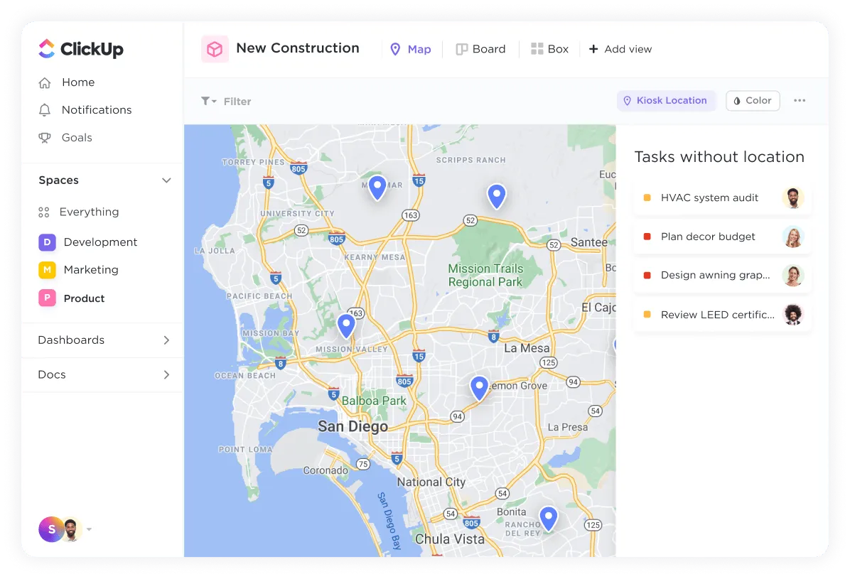 Use a visualização do mapa do ClickUp para gerenciar seu trabalho geográfico em um mapa com marcadores personalizáveis para status, prioridade e muito mais.