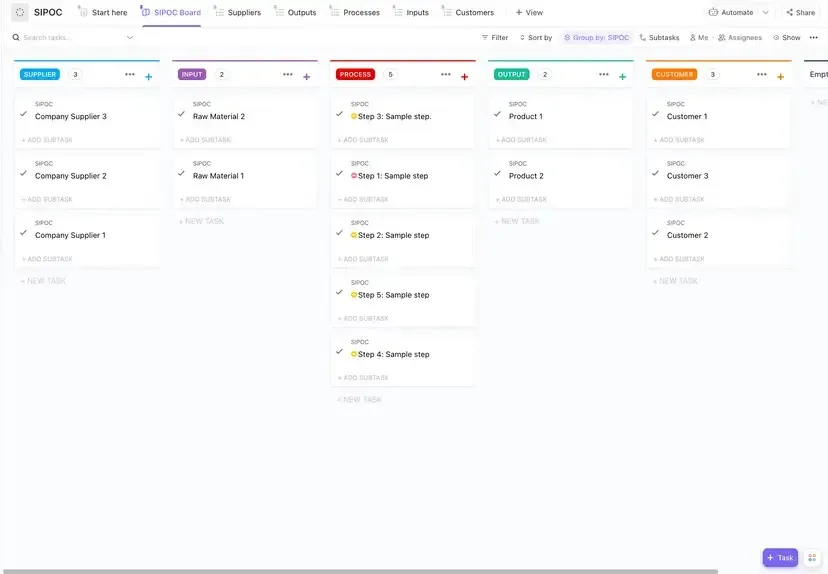 Use o modelo SIPOC do ClickUp para obter insights sobre como um processo funciona de ponta a ponta e onde há espaço para melhorias.